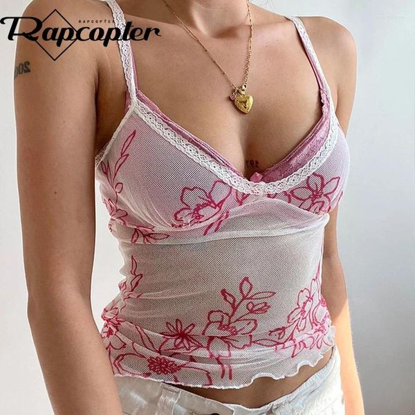 Tanques femininos Rapcopter Y2K Floral Crop Top V Neck Lace Mini Colete Mulheres Ver Através Vintage Backless Sexy Beach Holiday Tee Trim Fairycore