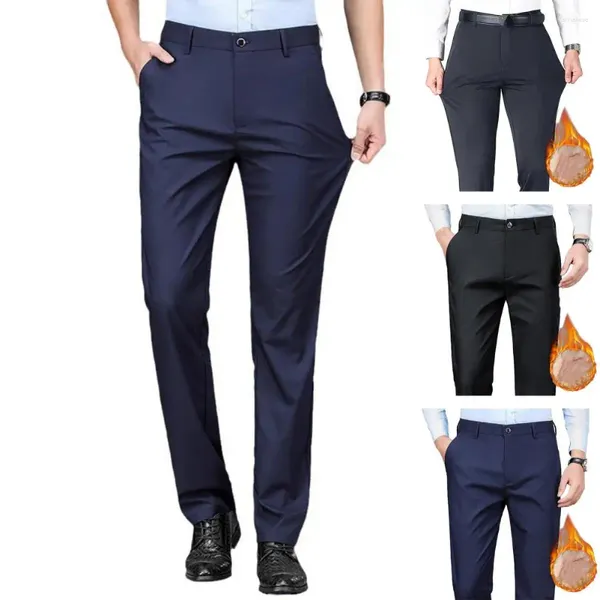 Ternos masculinos calças espessadas macias de pelúcia negócios sem rugas perna reta cintura média bolsos elásticos para escritório