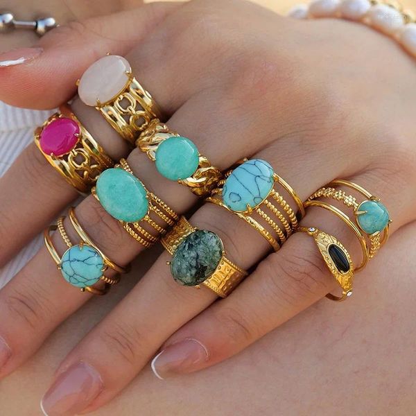 Anéis de cluster moda vintage anel de pedra natural para mulheres de aço inoxidável conjunto de dedo acessórios de jóias de luxo atacado
