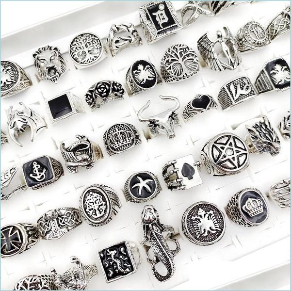 Cluster-Ringe Großhandel 50 teile / los Punk Gothic Crown AG Ringe für Männer und Frauen Mix Stile Schwarz Glasur Antike Siery Vintage Schmuck Gi Dhgwz