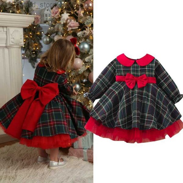 Vestidos da menina FOCUSNORM Natal 1-7Y meninas princesa vestido de festa peter pan colarinho xadrez impresso laço tutu vestido com grande bowknot t231205