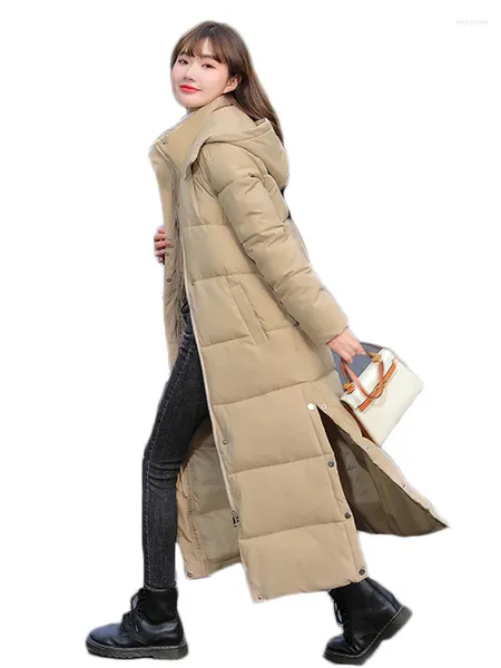 Женские плащи, супер длинное пуховое хлопковое пальто, женские парки цвета хаки с капюшоном, осень-зима 2023, толстая теплая верхняя одежда в корейском стиле