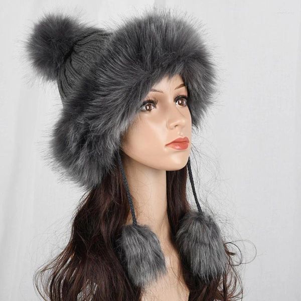Beralar HT2105 Büyük Kürk Pompom Top Kış Şapkaları Kadınlar İçin Rus Ushanka Hat Kalın Sıcak Kulak Kaynak Kap Örme