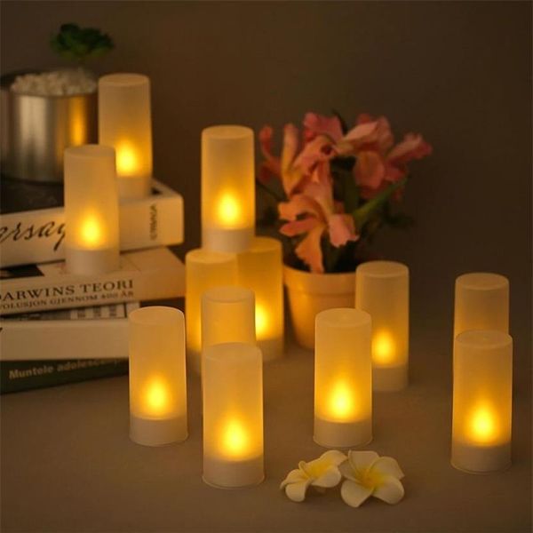 Recarregável LED Cintilação Velas Sem Chama Tealight Velas Luzes com Copos Foscos Base de Carregamento Luz Amarela 4 6 12pcs / set Y230r