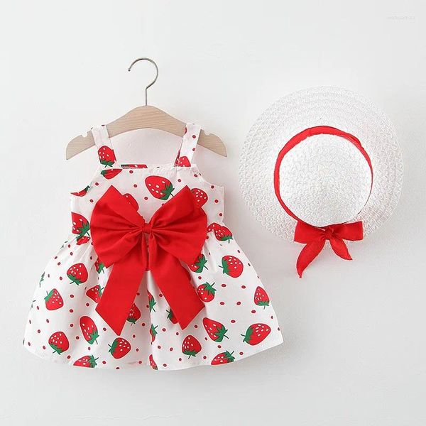 Vestidos de menina bebê estilingue vestido verão entrega leve chapéu de sol morango impressão doce estilo bonito 1- 4 anos roupas