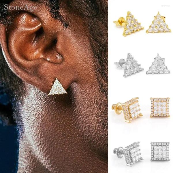 Brincos de parafuso prisioneiro requintado hip hop gelado para homens piercing triângulo quadrados zircão rosca orelha agulha punk rapper jóias e151