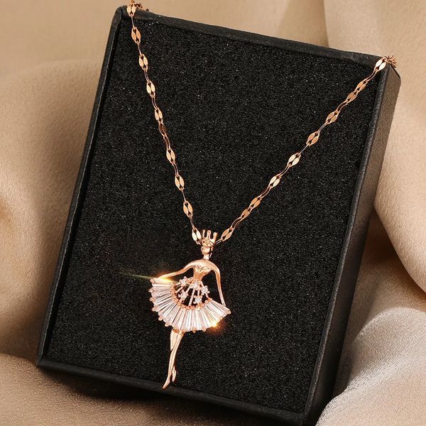 Anhänger Halsketten Süße Elegante Ballerina Mädchen Kristall Zirkon Anhänger Halsketten Für Frauen Koreanische Mode Damen Sexy Edelstahl Schmuck Geschenk 231204