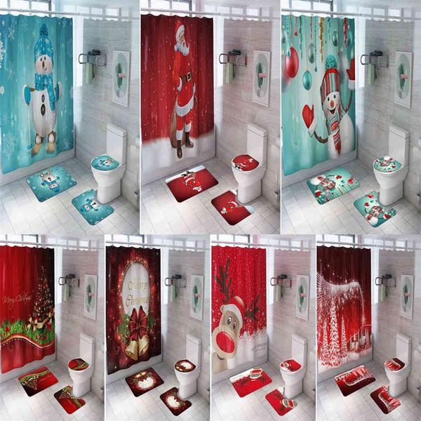 Feliz natal banheiro boneco de neve papai noel elk padrão conjunto cortina de chuveiro à prova dwaterproof água capa toalete tapete antiderrapante casa decor287c