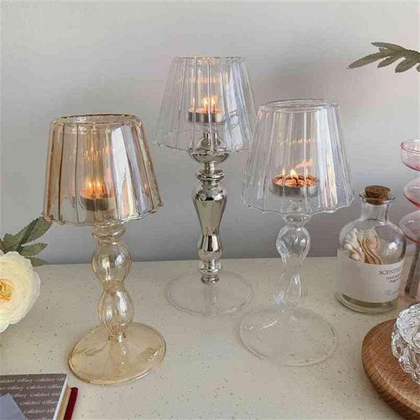 Retro lâmpada de mesa forma listra vidro castiçal romântico decoração para casa ornamentos ins estilo café personalidade castiçal 210722242h