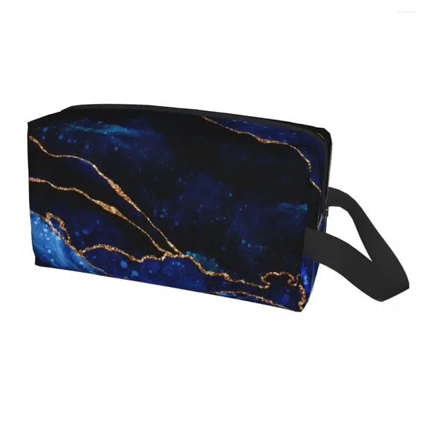 Sacos cosméticos elegante azul e ouro pedra preciosa saco de viagem mármore geométrico cerceta organizador de maquiagem beleza armazenamento dopp kit