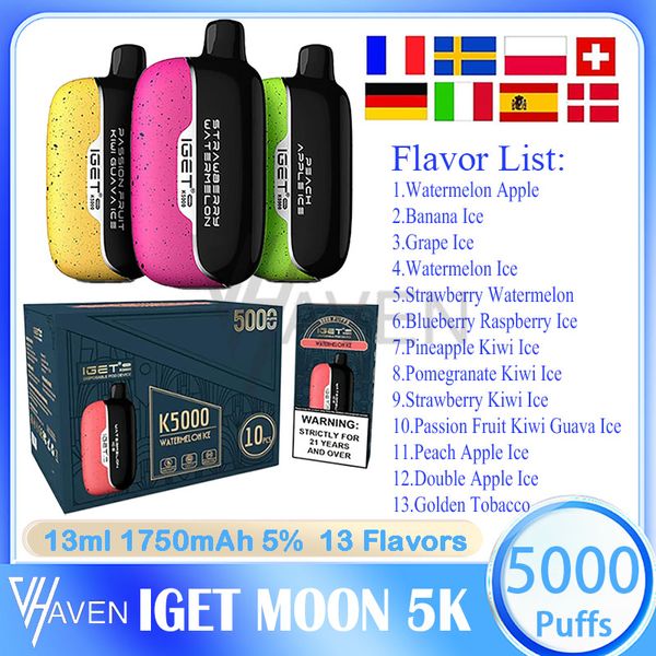 Original IGET Moon 5000 Puff Descartável Vape Pen 13ml Pré-preenchido Pods Cartucho 1750mAh Bateria Recarregável 13 Sabores E Cigarros Puffs 5K