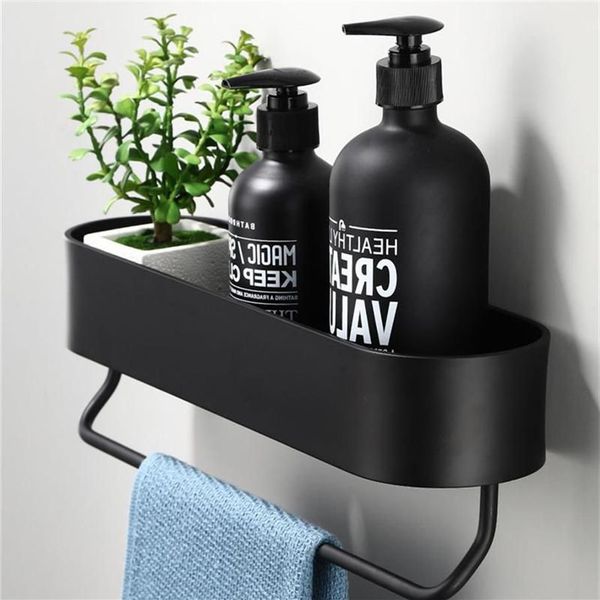 Espaço de alumínio preto prateleiras do banheiro cozinha prateleira de parede chuveiro rack de armazenamento barra de toalha acessórios do banheiro 30-50 cm length312s