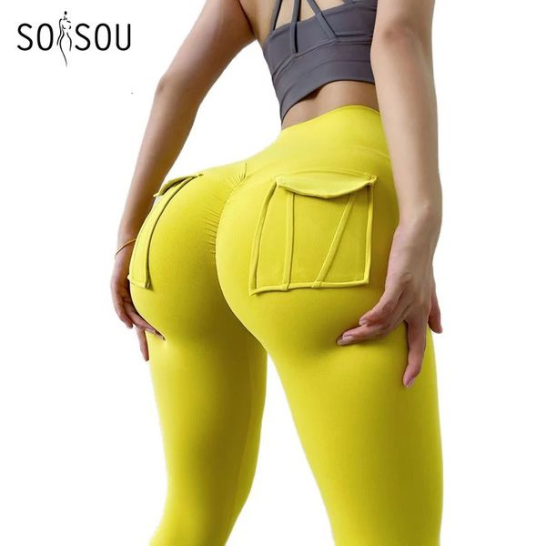 Yoga Outfit SOISOU Nylon Leggings frauen Hosen Sport Yoga Hosen Sexy Enge Hohe Taille Elastische frauen Höschen Tasche legging mujer 231205