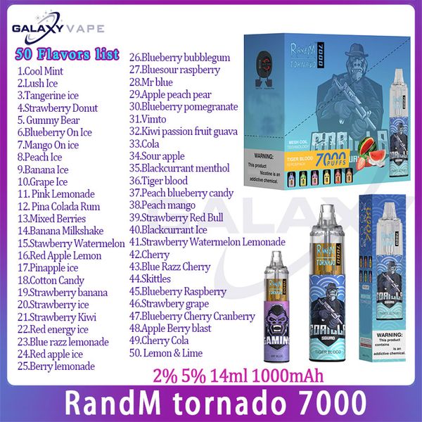 Original RandM Tornado 7000 Puff E Cigarro 50 Sabores 1000mAh Bateria Recarregável 14ml Pré-preenchido Pod Puffs 7 Kit Vape Descartável