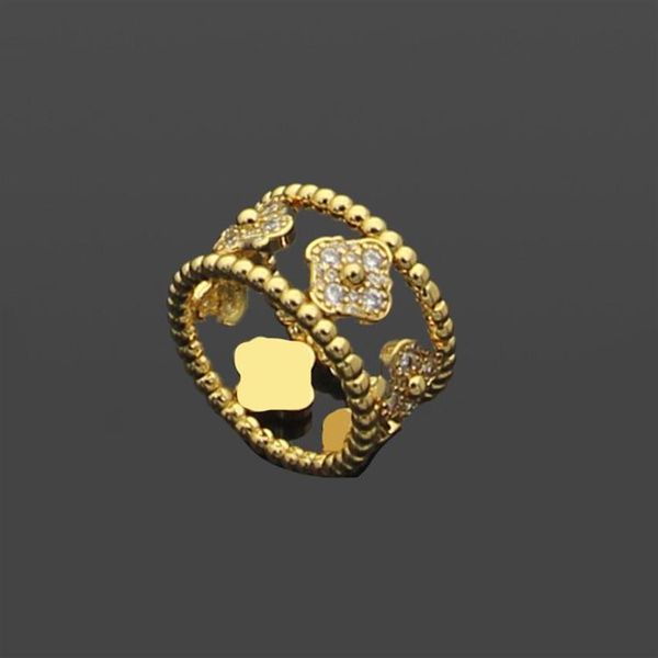 Anelli per coppie Doppio trifoglio anello aperto con diamante pieno caleidoscopio stella cava quattro foglie fiore oro 18 carati farfalla blu turchese272S