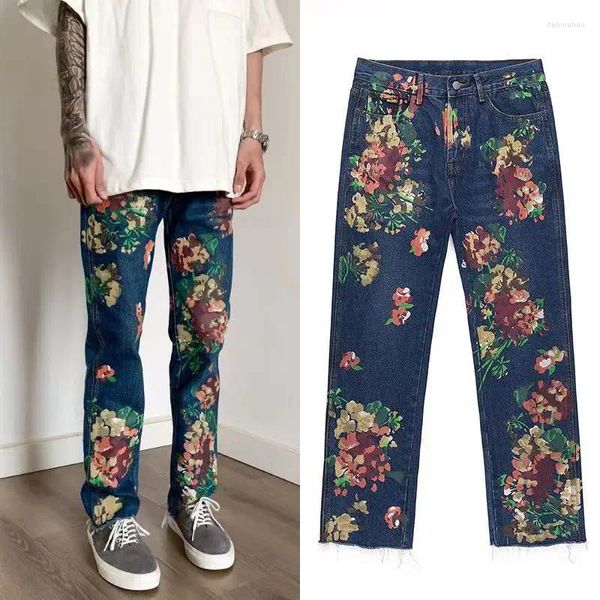 Мужские джинсы 2023, Американский уличный стиль, ручная роспись, цветочные граффити, модные прямые повседневные брюки, облегающие синие брюки