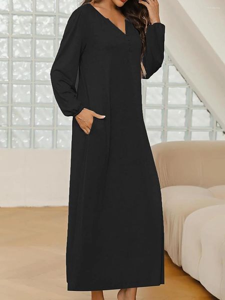 Mulheres sleepwear mulheres longa camisola manga sleepshirts oversized henley cinza preto vestido de dormir com bolsos loungewear para casual diário