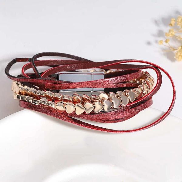 Braccialetti con ciondoli Bracciale in pelle a doppio avvolgimento Amorcome o collane girocollo Perline a cuore d'amore Gioielli con chiusura magnetica da donna a strati