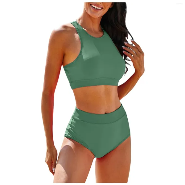 Mulheres Swimwear Estilo Split Verão 2023 Impressão Minimalista Sólida Esporte Cintura Alta Slim Fit Sexy Bikini Set Pulôver