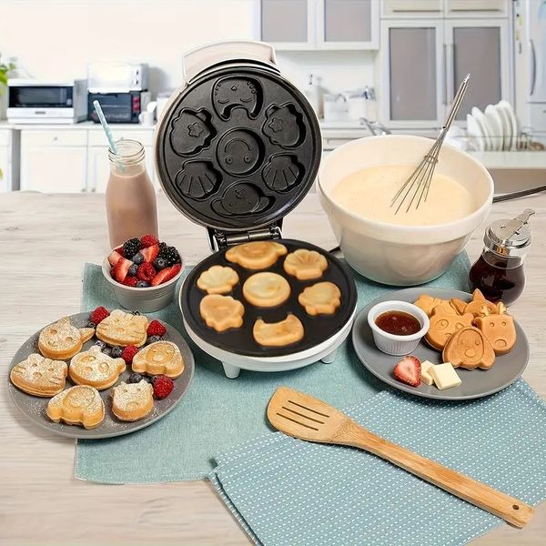Máquina de cozinhar mini waffle US Plug - Produza 7 formatos diferentes de panquecas - incluindo um gato, ferro elétrico antiaderente para waffles, torrador de bolo para crianças e adultos