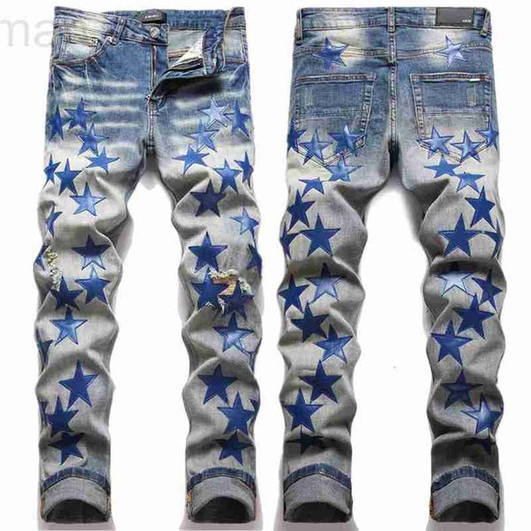 Jeans da uomo firmati High Street New Broken Blue Star Patch Piedi sottili alla moda Star Jeans elasticizzati Moda maschile WJ7H