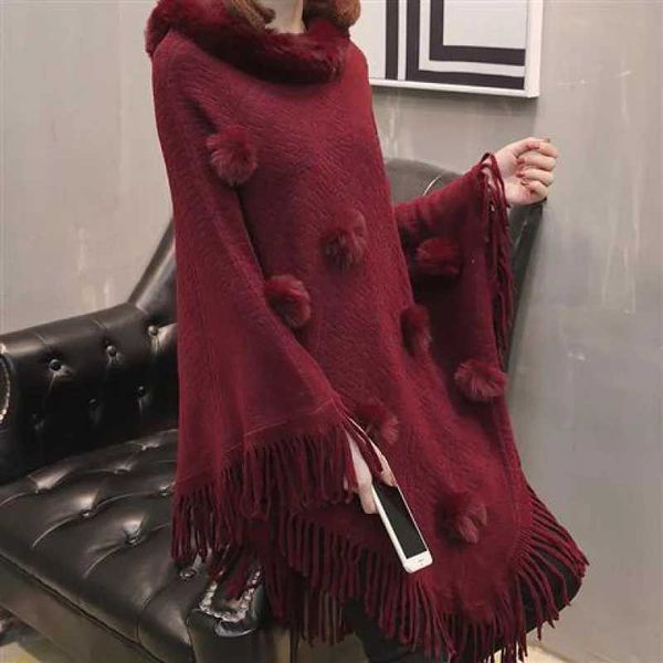 Xales outono inverno imitação de pele de coelho bola casaco feminino imitação de lã gola pulôver xale calor poncho capas vermelho cloaksl23125