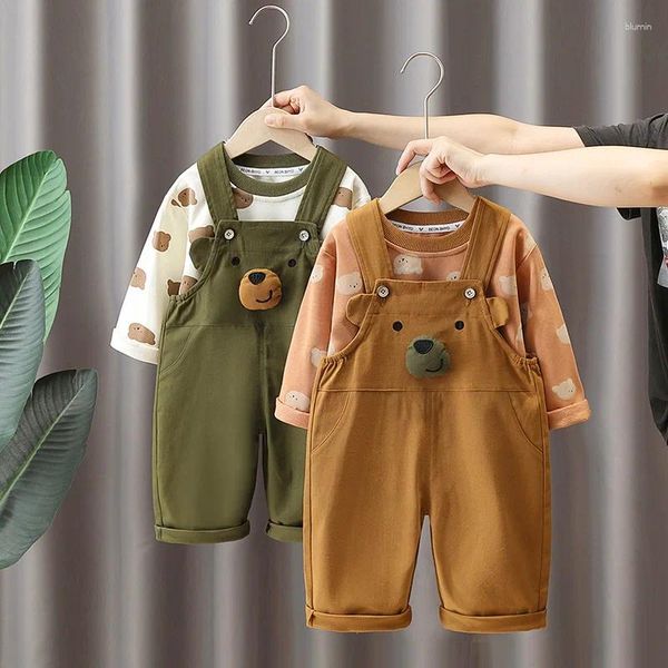 Giyim Setleri Bahar Sonbahar Çocuk Boy 2pcs Giysiler Seti Ayı Baskılı Uzun Kollu Kazak Karikatür Bebek Bebek Tulum Çocuk Kıyafetleri