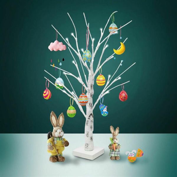 60 cm weißer Osterbaum mit Lichtern, dekorative Ostereier zum Aufhängen, Ornamente, Zweige, Baumlampendekorationen, 24 LED-Lichter, weiß, Y0107350T