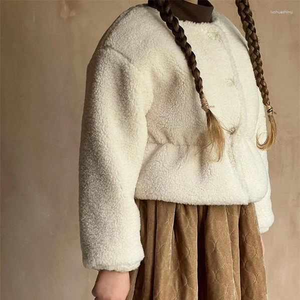 Giacche Cappotto Inverno Ragazze coreane Parte bassa della schiena Corto spesso Abbigliamento per bambini Colletto tondo Vita elastica Pieghettato Punto aperto