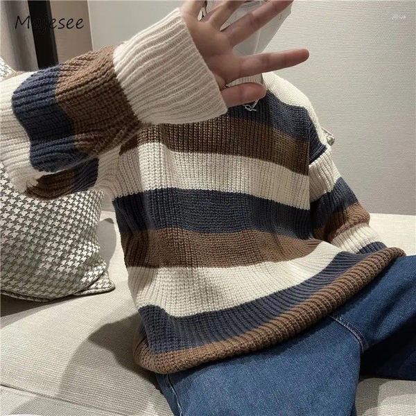 Suéteres masculinos listrados homens quentes de malha painéis diariamente confortável harajuku japonês estilo preppy faculdade clássico pullovers vitalidade