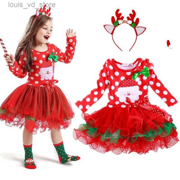 Vestidos da menina bolinhas bebê menina natal santa vestido dos desenhos animados boneco de neve impressão tutu vermelho mangas compridas criança vestido de festa de natal traje de ano novo t231205