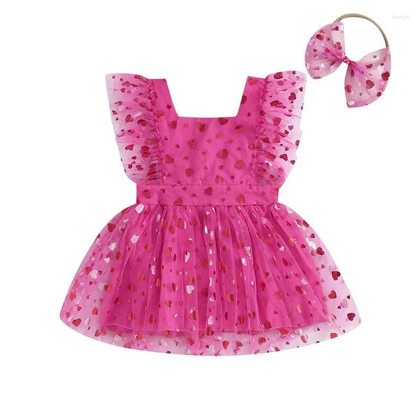 Vestidos de menina para bebês meninas verão macacão vestido manga voadora estampa de coração malha com faixa de cabeça