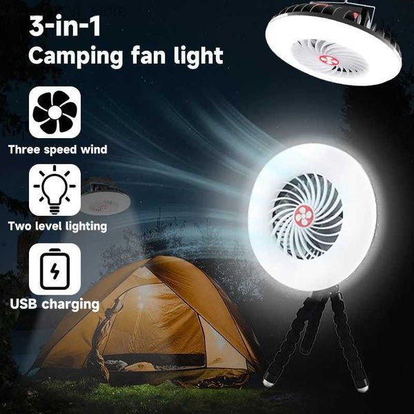 Camping-Laterne, 3-in-1-LED-Campingventilator, Multifunktionsbeleuchtung, elektrischer Ventilator, hängende Zeltlampe, USB-Aufladung, tragbares Sommerventilator-Licht mit Strom, YQ231205