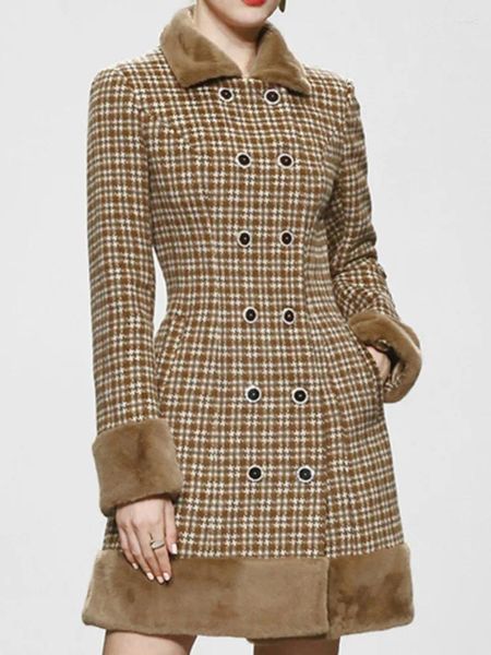 Jaquetas femininas inverno retro xadrez casaco engrossado high-end de manga comprida tweed jaqueta coreia gola de pele duplo breasted midi blazer