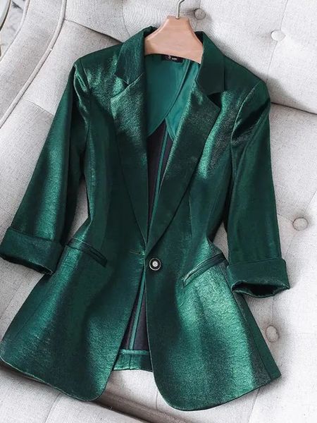 Abiti da donna Blazer di alta qualità in raso da ufficio Lady Blazer allentato Giacca da donna Autunno maniche a tre quarti Solido Casual Cappotto da donna 231204