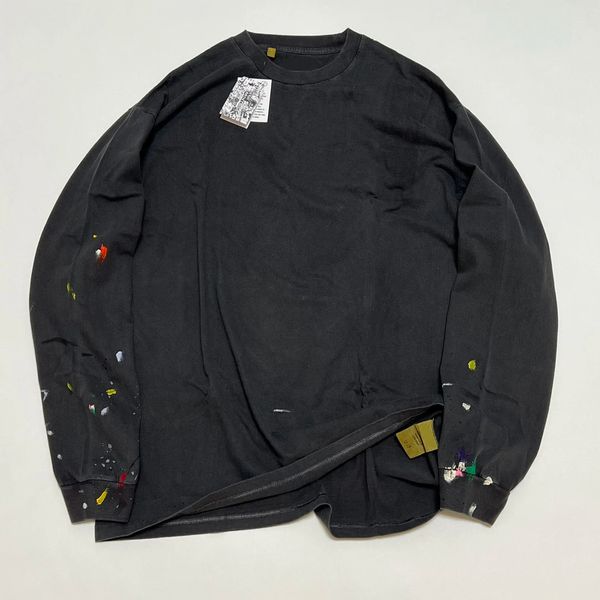 1 qualidade pintada t preto vintage oversize manga longa camiseta masculina de algodão