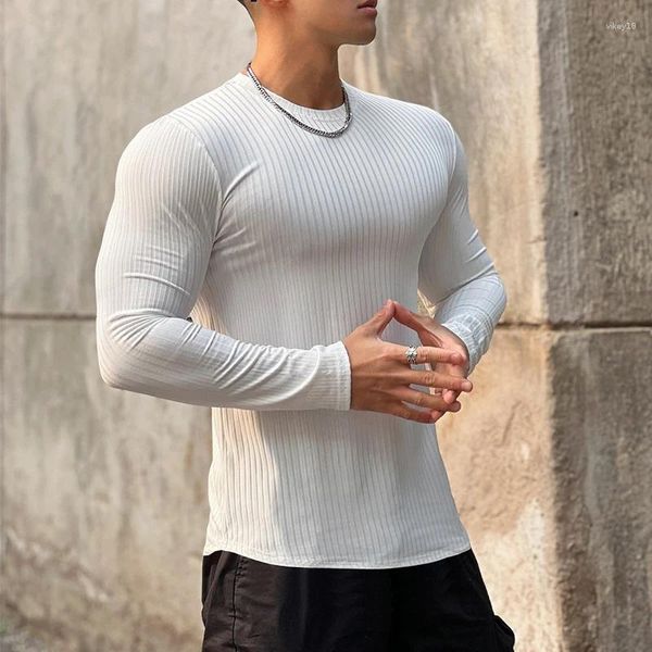 Homens camisetas Elastic Slim Ribbed Fall Mens Casual Manga Longa Pure Color Bottoming Tops para Homens Roupas Moda O Pescoço Pulôver