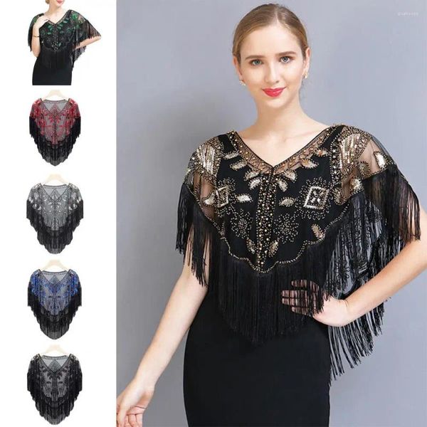 Sciarpe Donna Anni '20 Scialle con paillettes Nappe In rilievo Perle finte Frange Tinta unita Maglia trasparente Avvolgente Mantello Coprispalle Scollo a V Trasparente