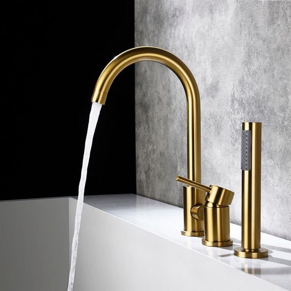 Rubinetti per vasca da bagno a 3 fori con montaggio su ponte Rubinetto per doccia estraibile al 100% in ottone Vasca da bagno H Miscelatore per acqua fredda Rubinetto per acqua254a