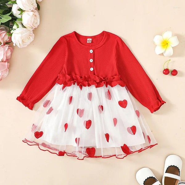 Mädchen Kleider Kleinkind Baby Valentinstag Outfits Langarm Liebe Herz Kleid Kinder Rüschen Mesh Tüll Tutu Kleider