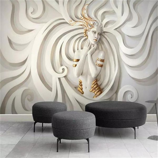 Papel de parede de personagem 3d escultura em relevo vestindo um círculo dourado beleza sala de estar quarto fundo decoração mural wall312f