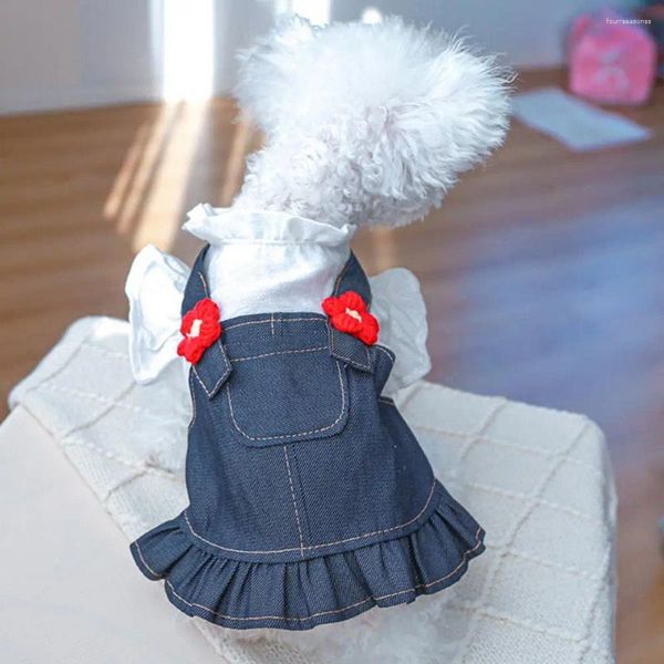 Abbigliamento per cani Abito in denim per animali domestici Comodo colletto rialzato morbido Decorazione floreale Orlo con volant Abbigliamento estivo quotidiano per gatti