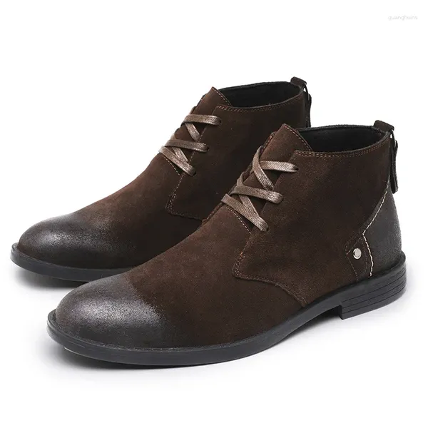 Сапоги A026, европейско-американская винтажная мужская обувь, модная осенняя мужская зимняя обувь из коровьей замши на шнуровке с круглым носком, мужская зимняя обувь для отдыха