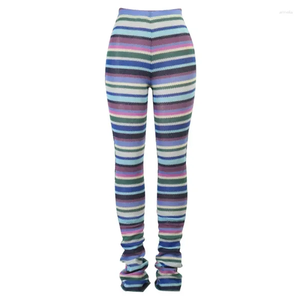 Женские джинсы, женские трикотажные длинные брюки с высокой талией, разноцветные полосатые хипстерские узкие плиссированные брюки, вязаная крючком, уличная одежда, Прямая поставка