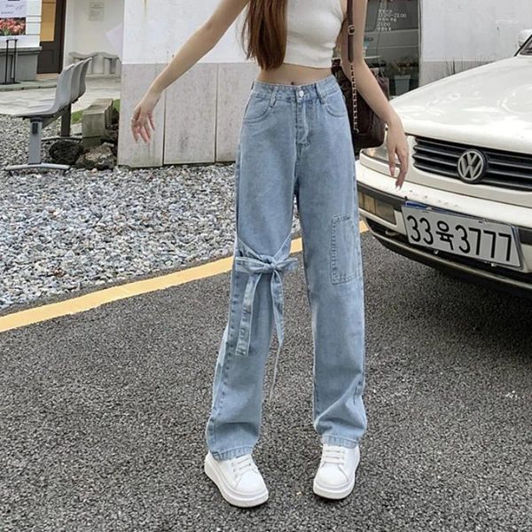 Jeans femininos arco mulheres cintura alta reta elegante doce harajuku bonito estilo coreano moda meninas