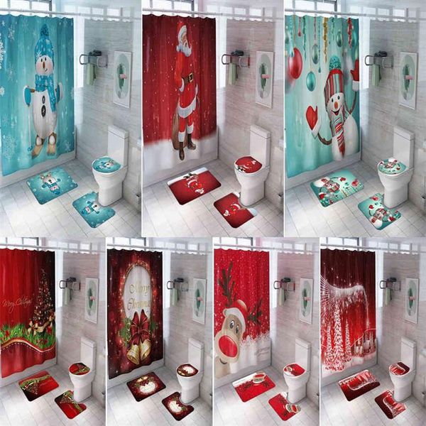 Feliz natal banheiro boneco de neve papai noel elk padrão conjunto cortina de chuveiro à prova dwaterproof água capa toalete tapete antiderrapante casa decor260z