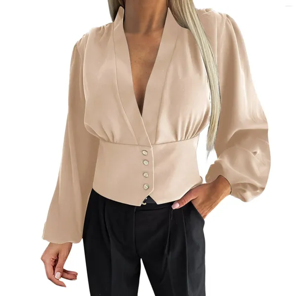 Frauen Blusen Herbst Frauen Shirts Koreanischen Stil Elegante Solide V-ausschnitt Taste Langarm Bluse Büro Dame Tops Blusa Mujer moda 2023