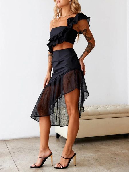 Юбки Женская юбка, комплект из 2 предметов, топ с рюшами на одно плечо, нерегулярный подол, пляжная коктейльная одежда для вечеринок