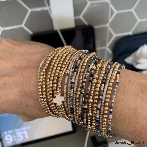 Damen-Stretch-Armband mit 18-Karat-Vergoldung, Goldfüllung, Perlen, Kugel-Stretch-Armband, charakteristisches Kreuz-Gold-Charm-Edelstahl-Stack-Armband-Schmuck