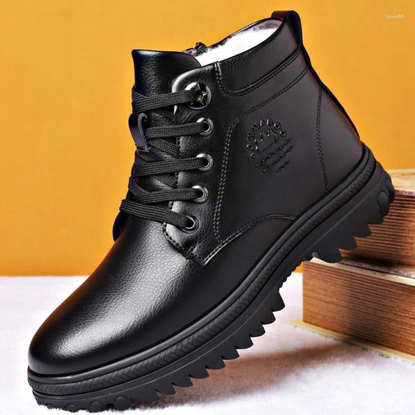 Botas de inverno genuíno couro masculino pele natural quente tornozelo trabalhando calçados impermeáveis borracha de neve